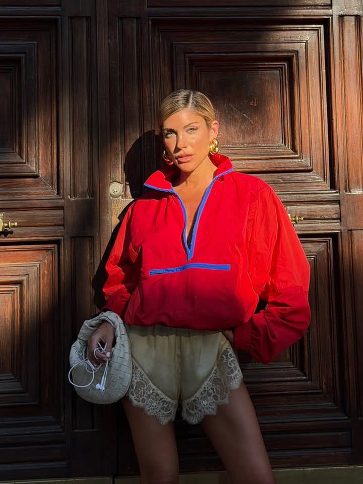Damen Kurz geschnittene zweifarbige Halbzip-Utility-Jacke mit elastischem Saum und Reißverschlusstasche Drune