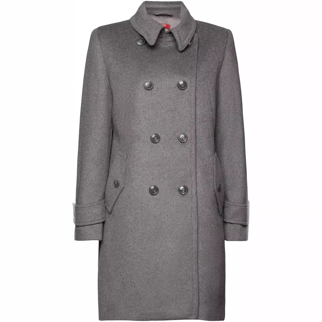 Damen Midilanger Doppelreihiger Marineinspirierter Wollmix-Peacoat mit Pattentaschen Drune