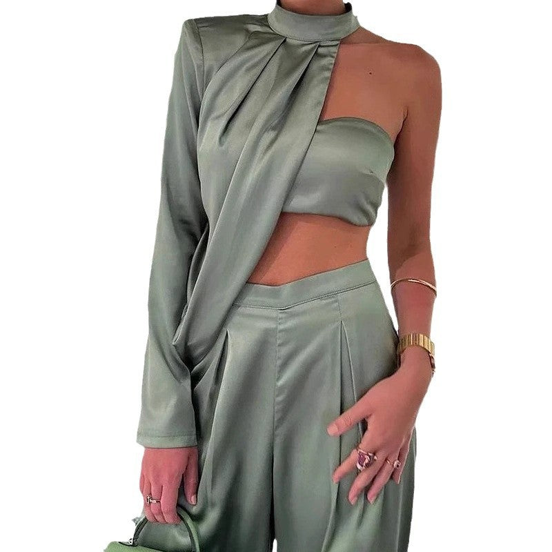Damen Elegantes Zweiteiliges Set mit asymmetrischem Oberteil und weit geschnittener Hose Drune