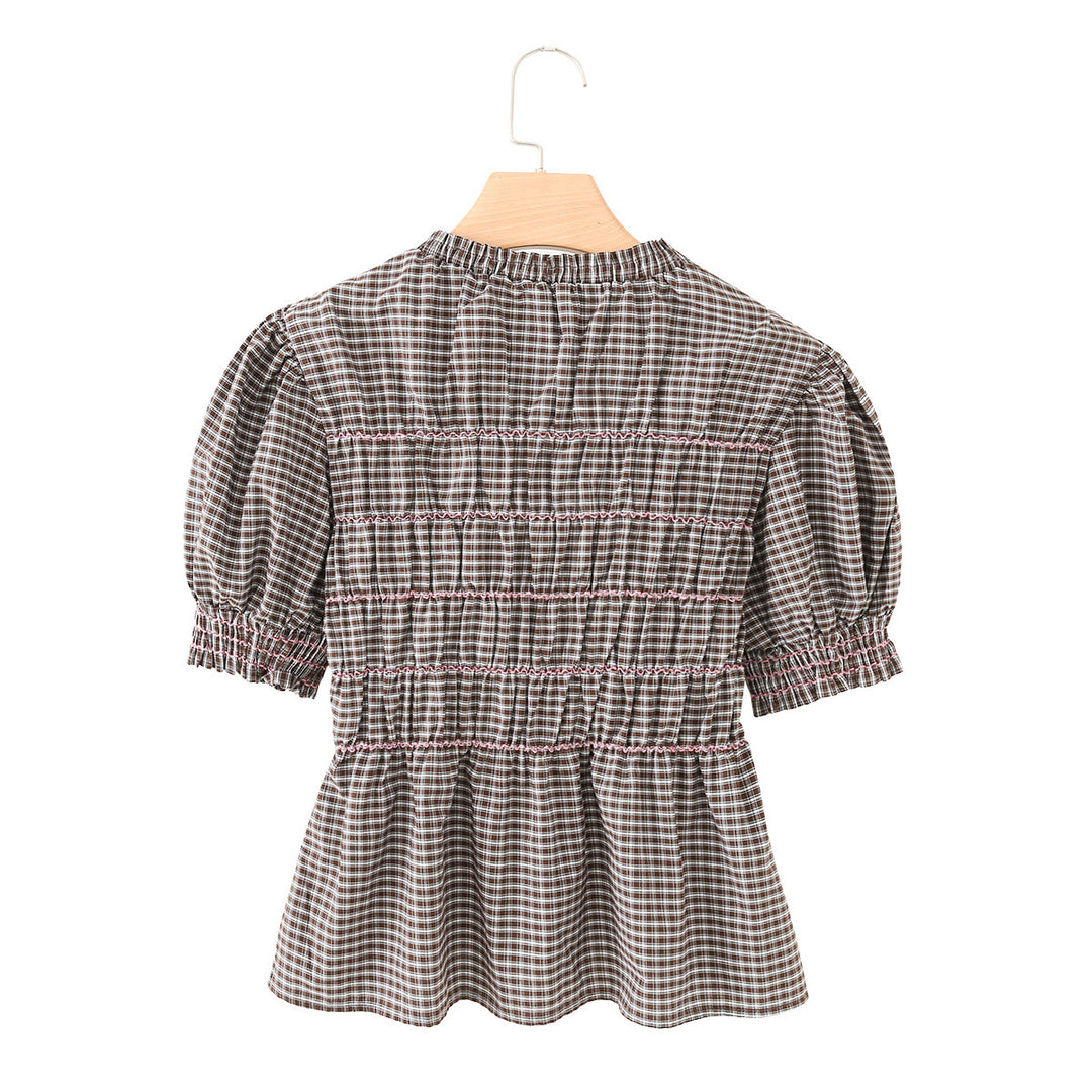 Damen Kariertes Smock-Tunika-Top mit Volantbund und Puffärmeln Drune