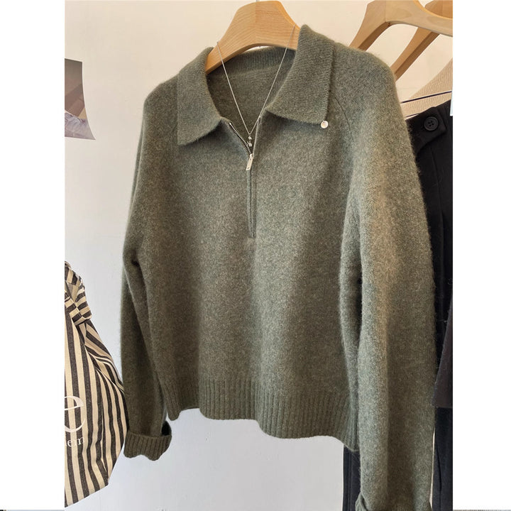 Damen Kuscheliger Pullover mit Stehkragen und kurzem Reißverschluss Drune