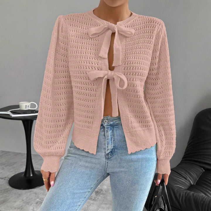 Damen luftige Strickjacke mit Bindegürtel und raffinierten Ausschnitten Drune