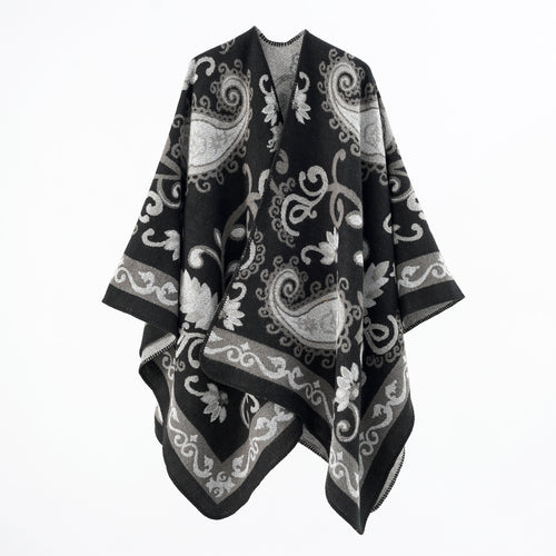 Damen Jacquard-Wollmix-Poncho mit Paisley‑Jacquard und offenem Kimono‑Fall Drune