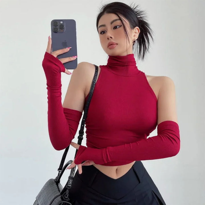 Damen Langarm Crop-Top mit Stehkragen und figurbetontem Schnitt Drune