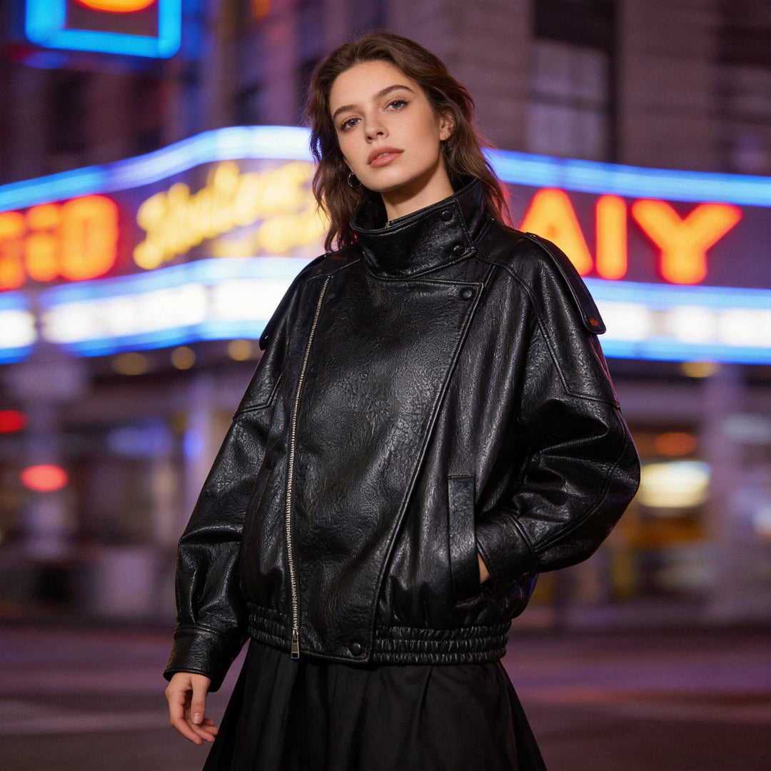 Damen Kunstleder-Crossoverjacke im Blouson-Schnitt mit hohem Stehkragen Drune