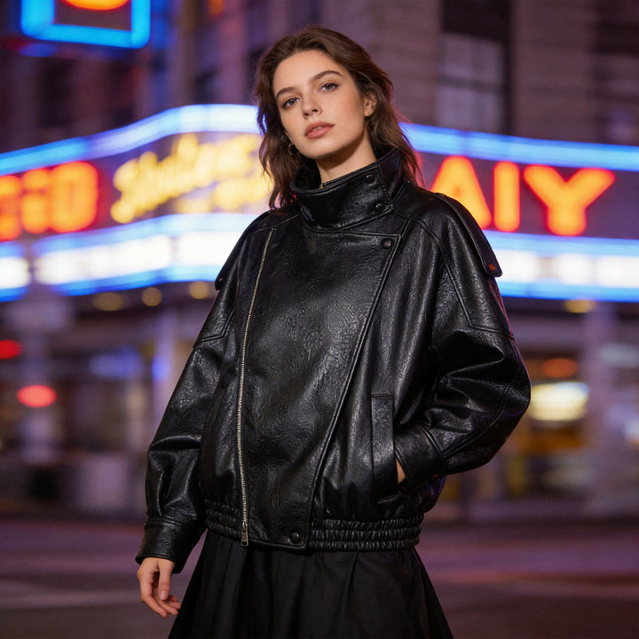 Damen Kunstleder-Crossoverjacke im Blouson-Schnitt mit hohem Stehkragen Drune