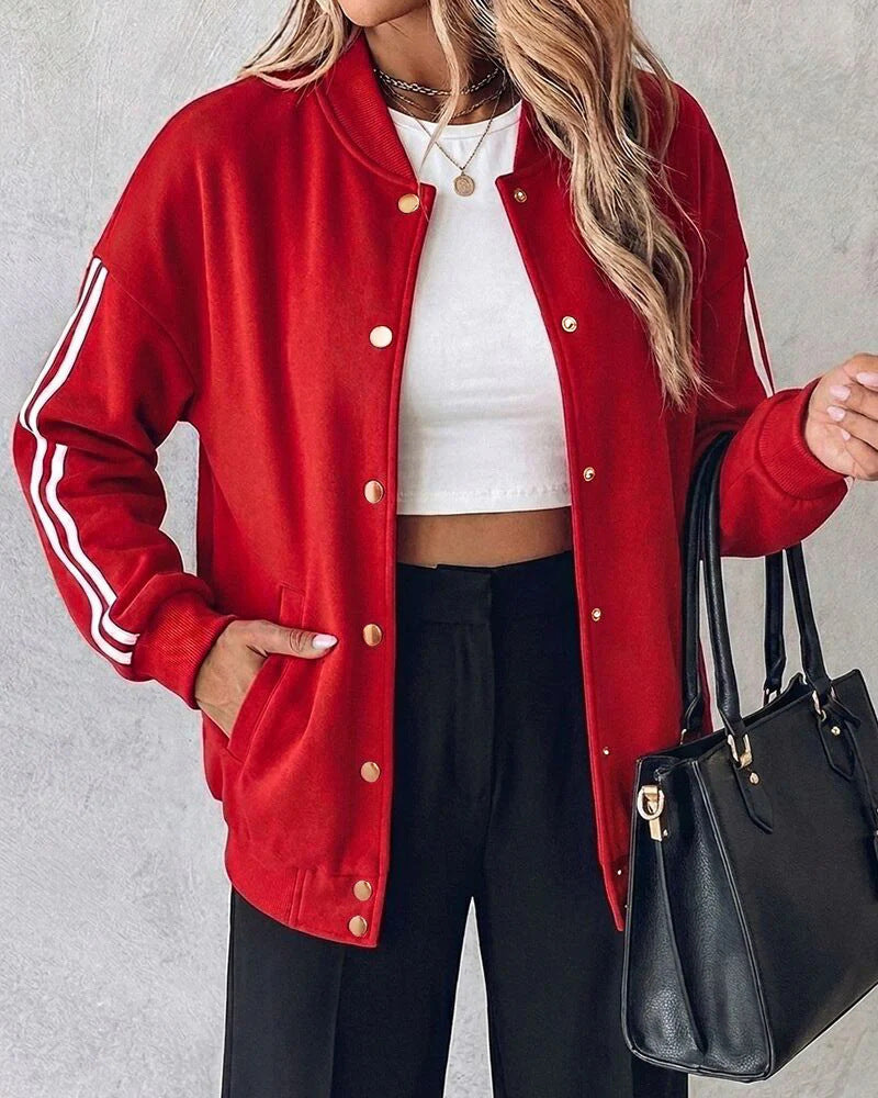 Damen Oversized Collegejacke mit Druckknopfleiste und kontrastierenden Streifenärmeln Drune