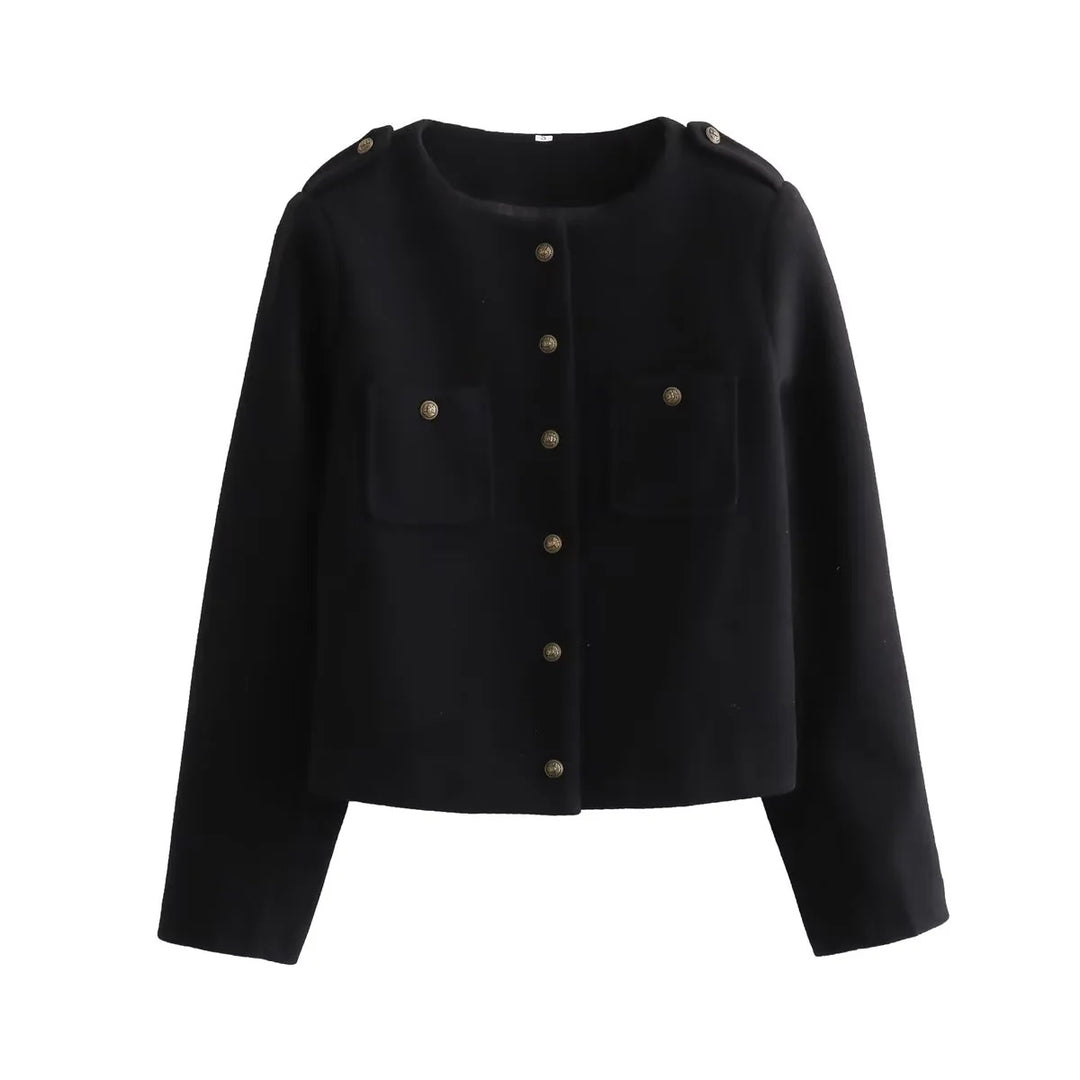 Damen nan kurze Wolloptik-Jacke mit Rundhalsausschnitt, aufgesetzten Pattentaschen und Schulterpatten Drune