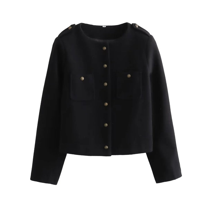 Damen nan kurze Wolloptik-Jacke mit Rundhalsausschnitt, aufgesetzten Pattentaschen und Schulterpatten Drune