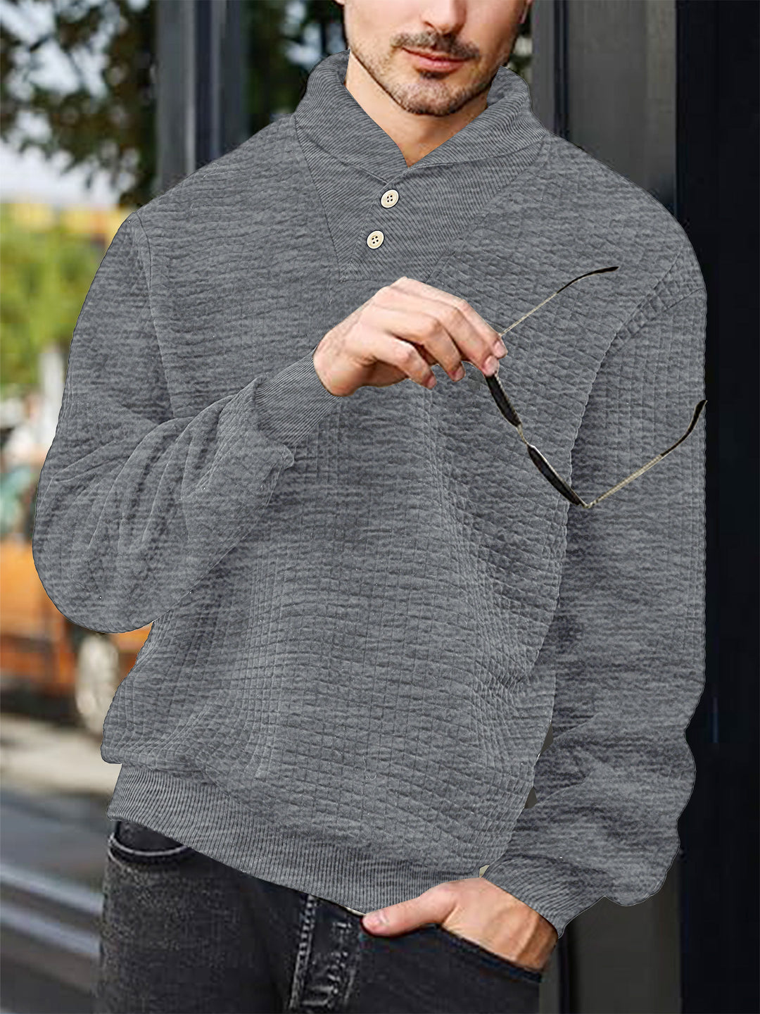 Herren nan eleganter Strickpullover mit Schalkragen, Knopfleiste am Ausschnitt und Karo-Waffelstruktur Drune