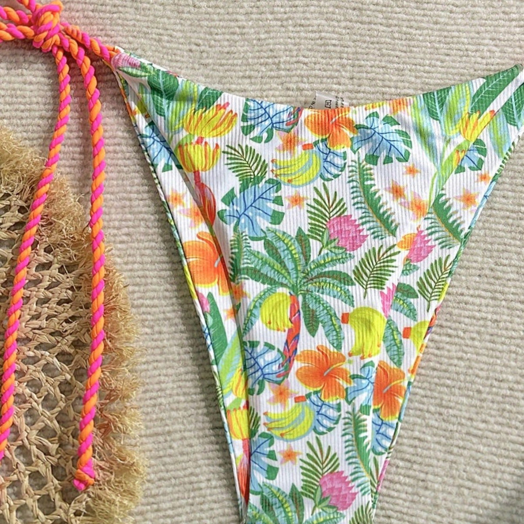 Damen Triangel-Bikini mit buntem Blumenmuster und trendigen Bindebändern Drune