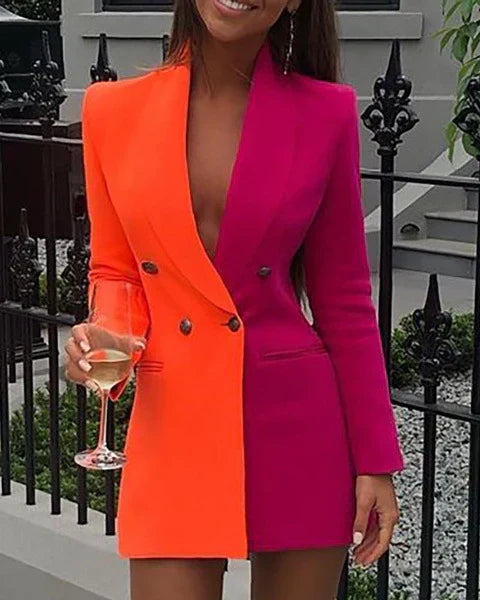 Drune | Blazer Kleid Taillierte Passform Zweifarbige Doppelte Knopfleiste V-Ausschnitt Mini Lange Ärmel