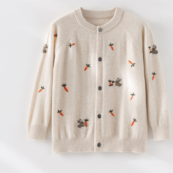 Damen Geknöpfte Feinstrick‑Cardigan mit Hasen‑ und Karottenstickerei Drune