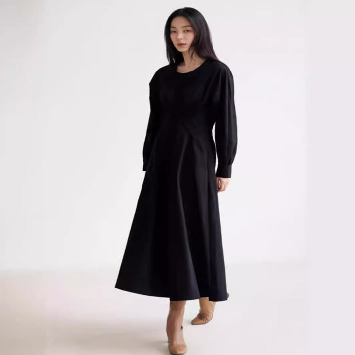 Damen Maxikleid mit Taillenabnähern, Rundhalsausschnitt und voluminösen Manschetten Drune