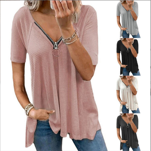 Damen lässiges T-Shirt mit stylischem Reißverschluss-Detail Drune