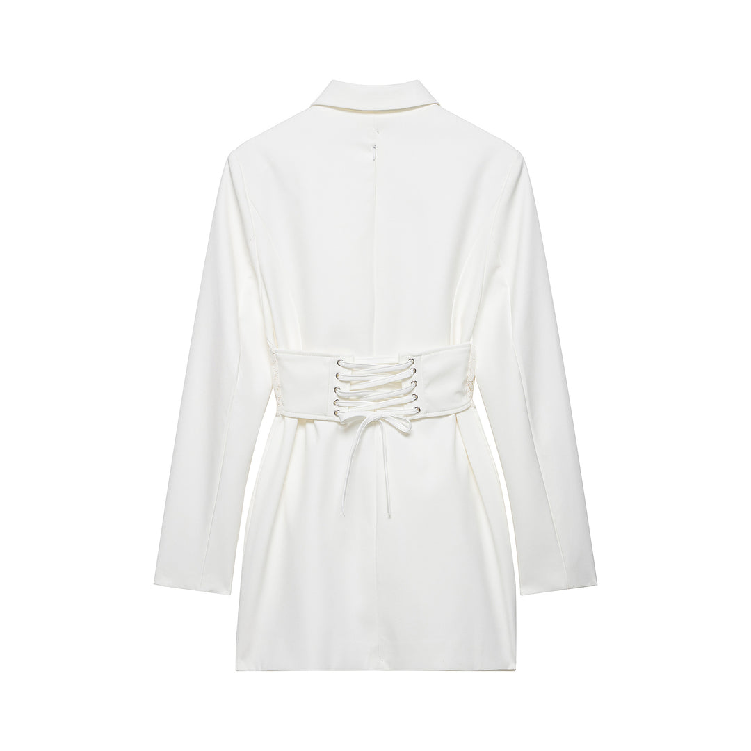 Damen 20+ tailliertes Blazerkleid mit Spitzen‑Corsage und Pattentaschen Drune
