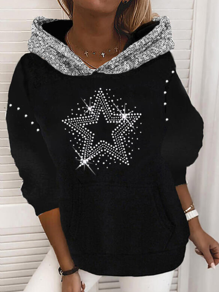 Damen Halloween Kapuzenpullover mit Kürbis- und Katzenprint, Paillettenbesatz und Oversize-Schnitt Drune