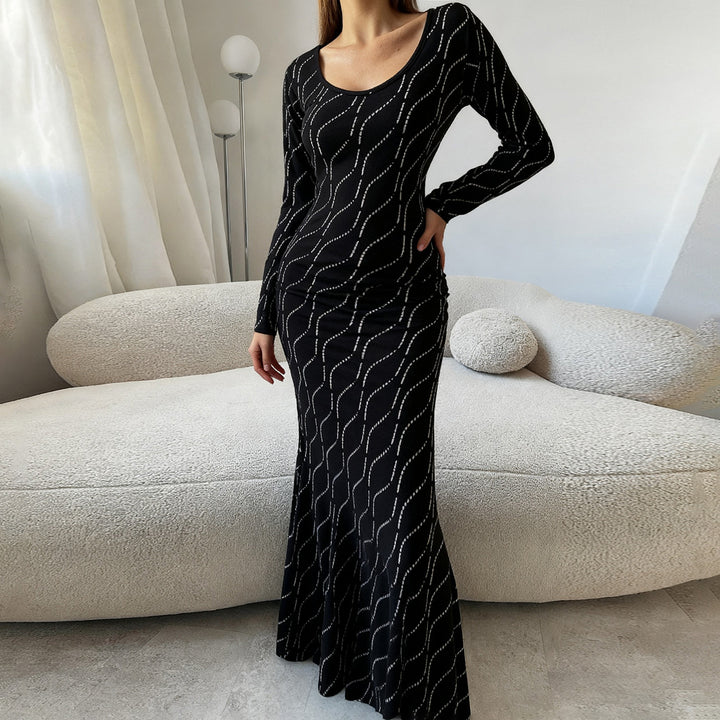 Damen nan langärmeliges Bodycon-Mermaid-Abendkleid mit Wellen-Strassbesatz Drune