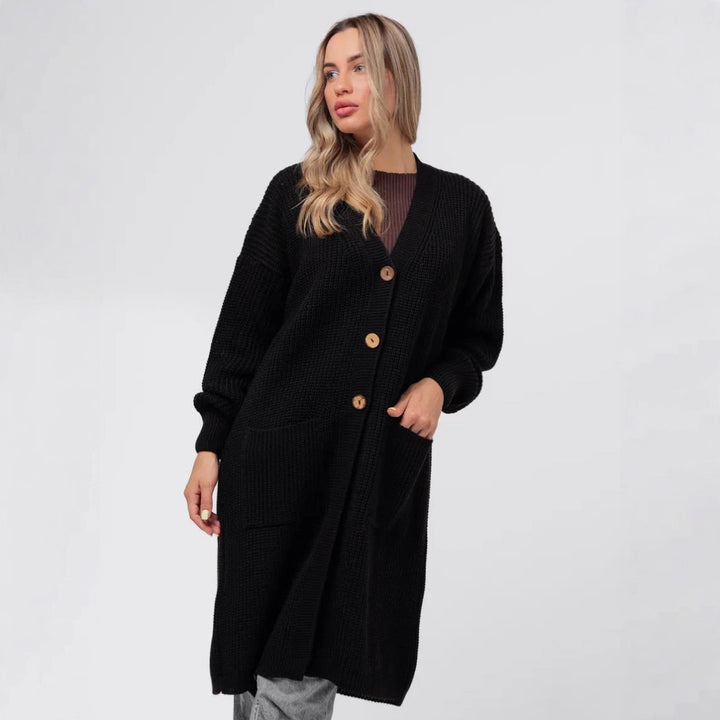 Damen Grobstrick-Cardigan mit schlichten Holzknöpfen und praktischen Taschen Drune