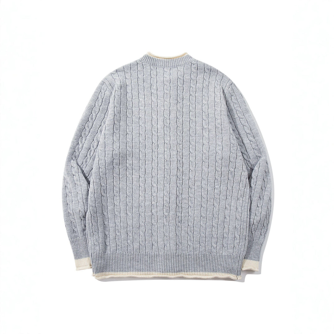 Unisex Kabelstrick-Cardigan mit Rundhals, kontrastierten Bündchen und durchgehender Knopfleiste Drune