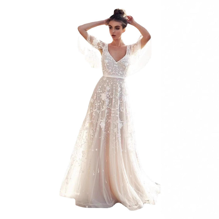 Damen Abendkleid mit floralen Stickereien und Spitzenärmeln Drune
