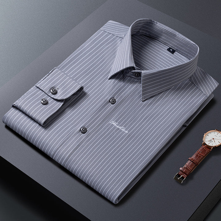 Herren Klassisches gestreiftes Business‑Hemd aus Baumwollmix mit Kentkragen und Brustlogo Drune