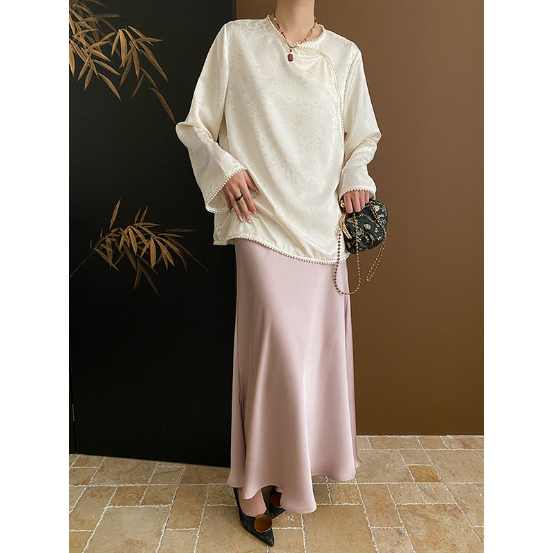 Damen Elegantes Oberteil mit weitem Schnitt und Perlendetails Drune