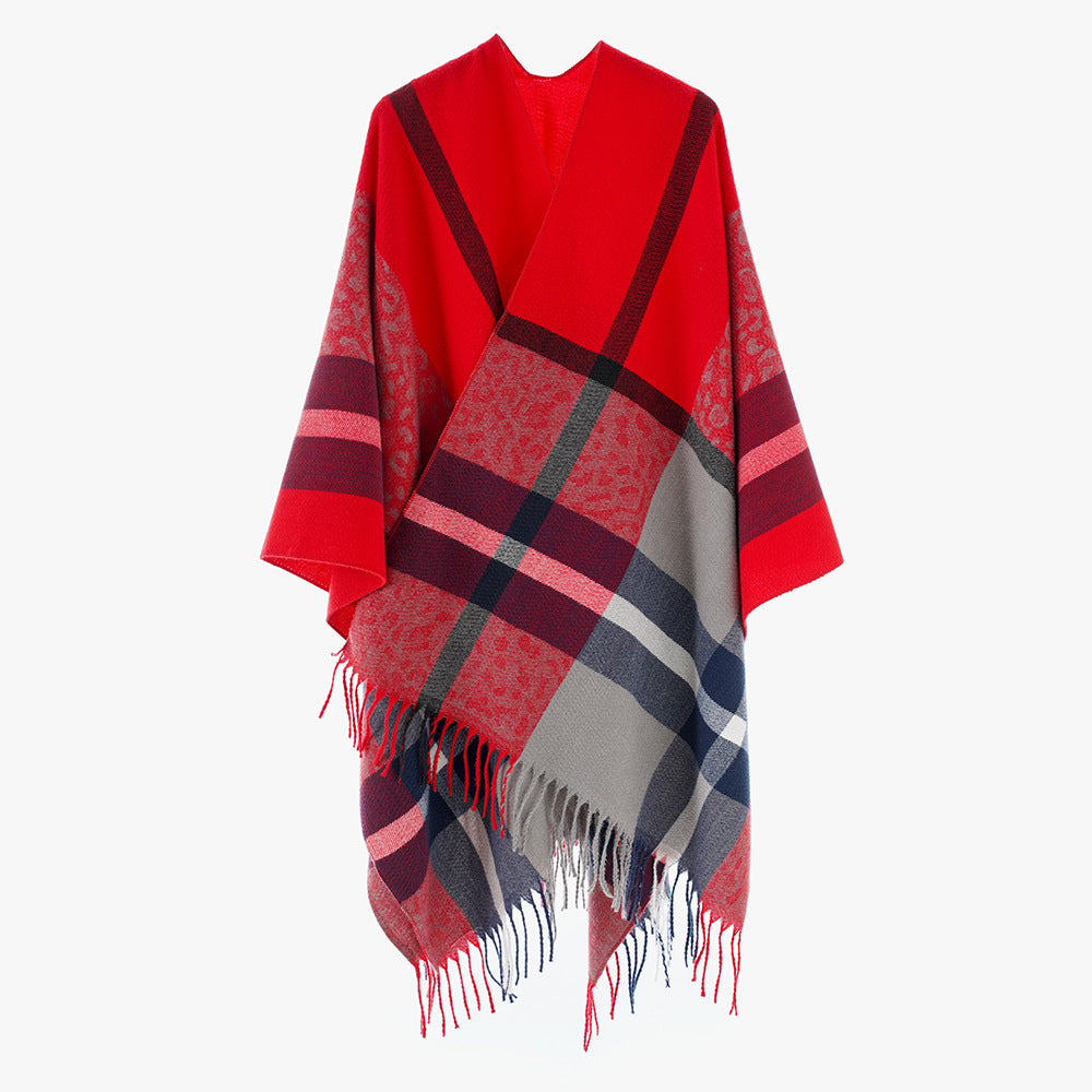 Damen Übergroßer Poncho mit Fransen und Karomuster Drune