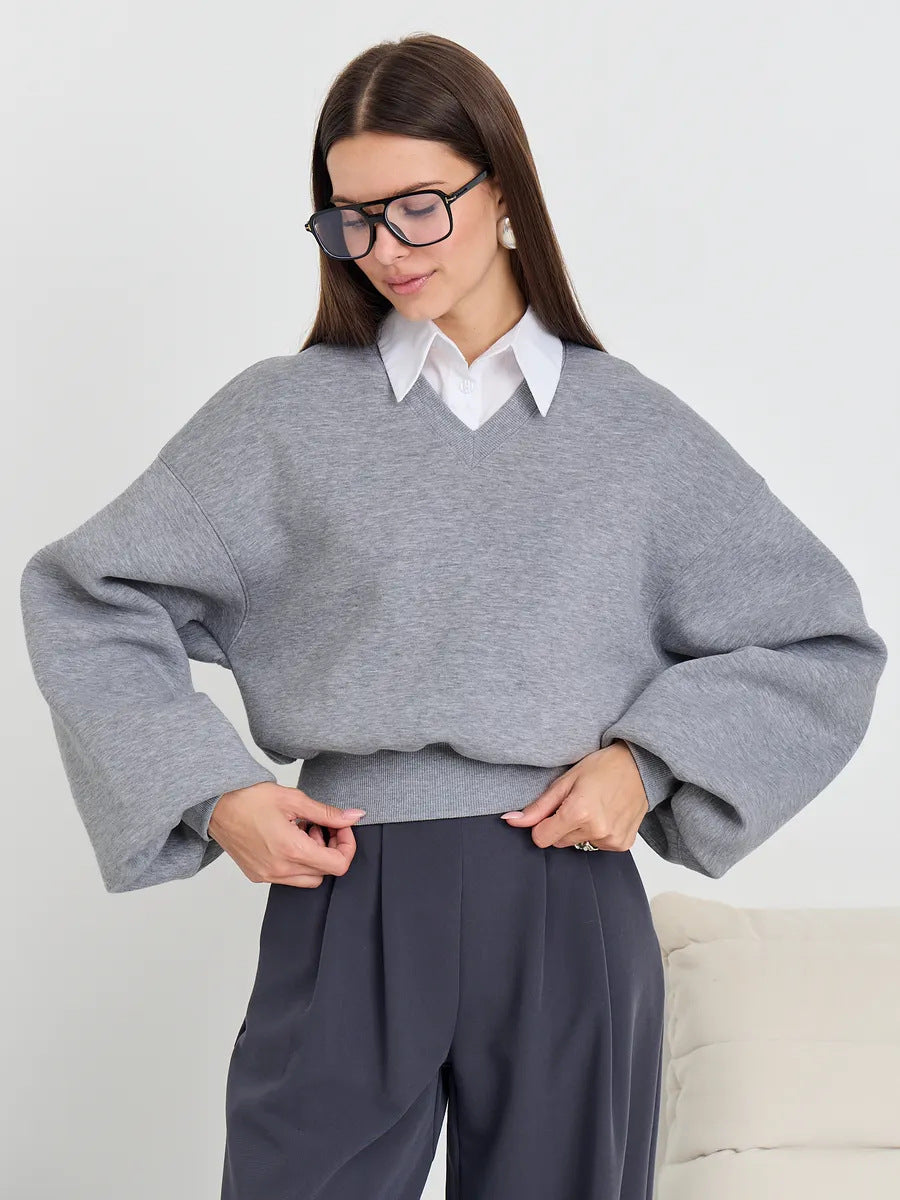Damen Cropped V-Ausschnitt Pullover mit Ballonärmeln und Rippbund Drune