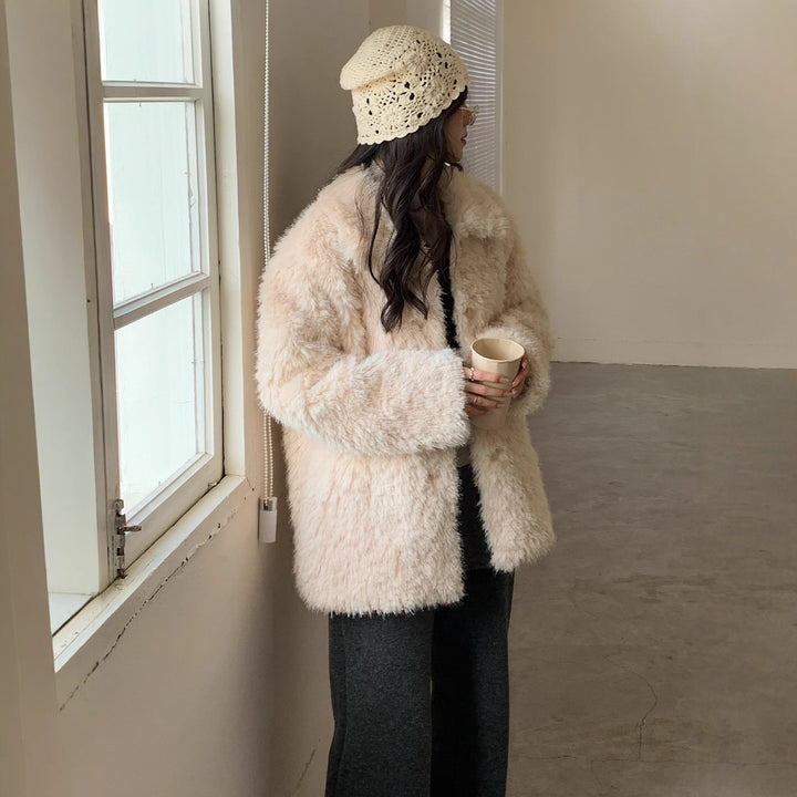Damen Flauschiger Teddy-Mantel aus Kunstfell mit Hemdkragen und Boxy‑Silhouette Drune