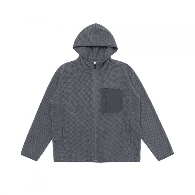 Unisex Kapuzen-Fleecejacke mit durchgehendem Reißverschluss, Strukturstrick und Brust-Reißverschlusstasche Drune