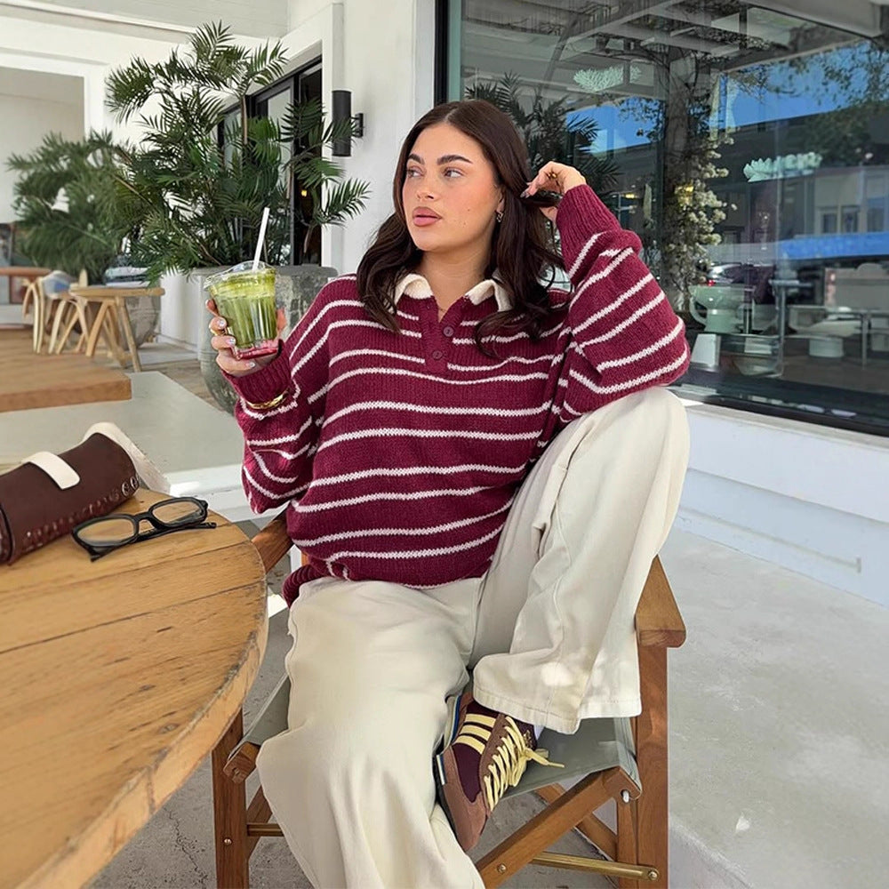 Damen Oversize Strickpullover mit Polokragen & Streifenmuster Drune