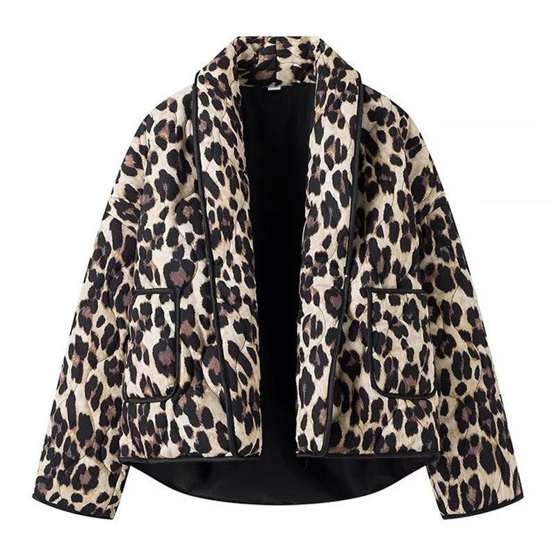 Damen modischer Steppjacke mit Leo-Muster und Taschen Drune