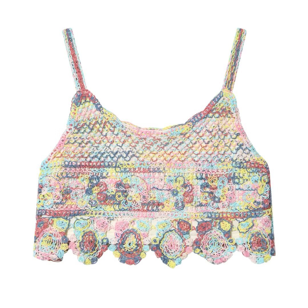 Damen luftiges Spitzen-Croptop mit buntem Häkelmuster Drune