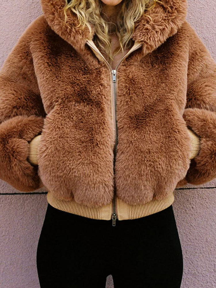 Damen Kurze Teddy-Fauxfur-Bomberjacke mit Kapuze, breitem Rippsaum und Zweiwege-Reißverschluss Drune
