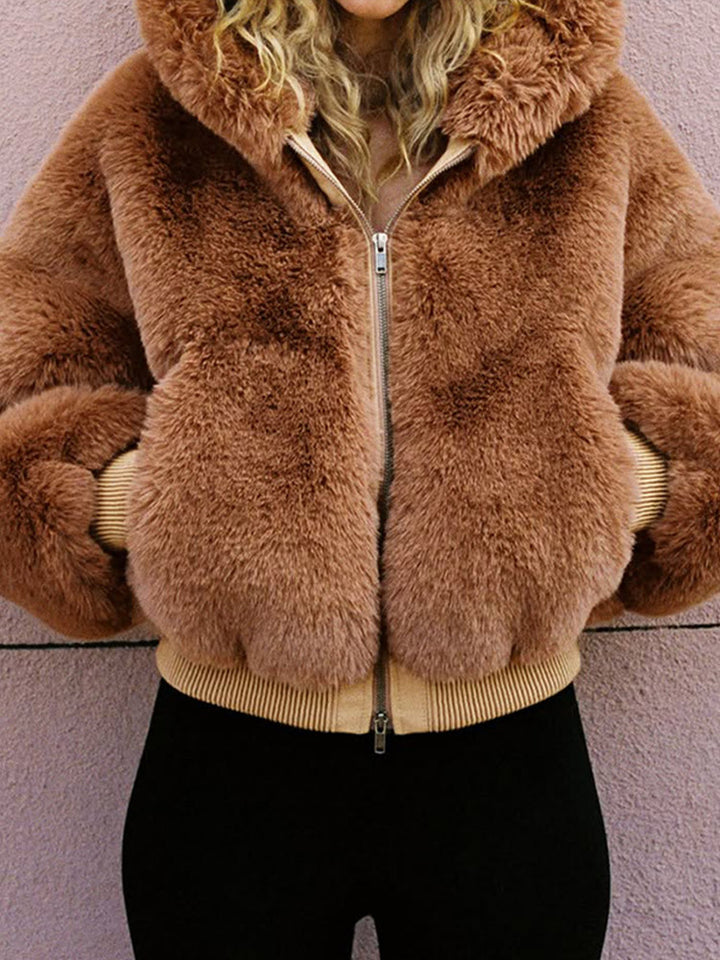 Damen Kurze Teddy-Fauxfur-Bomberjacke mit Kapuze, breitem Rippsaum und Zweiwege-Reißverschluss Drune