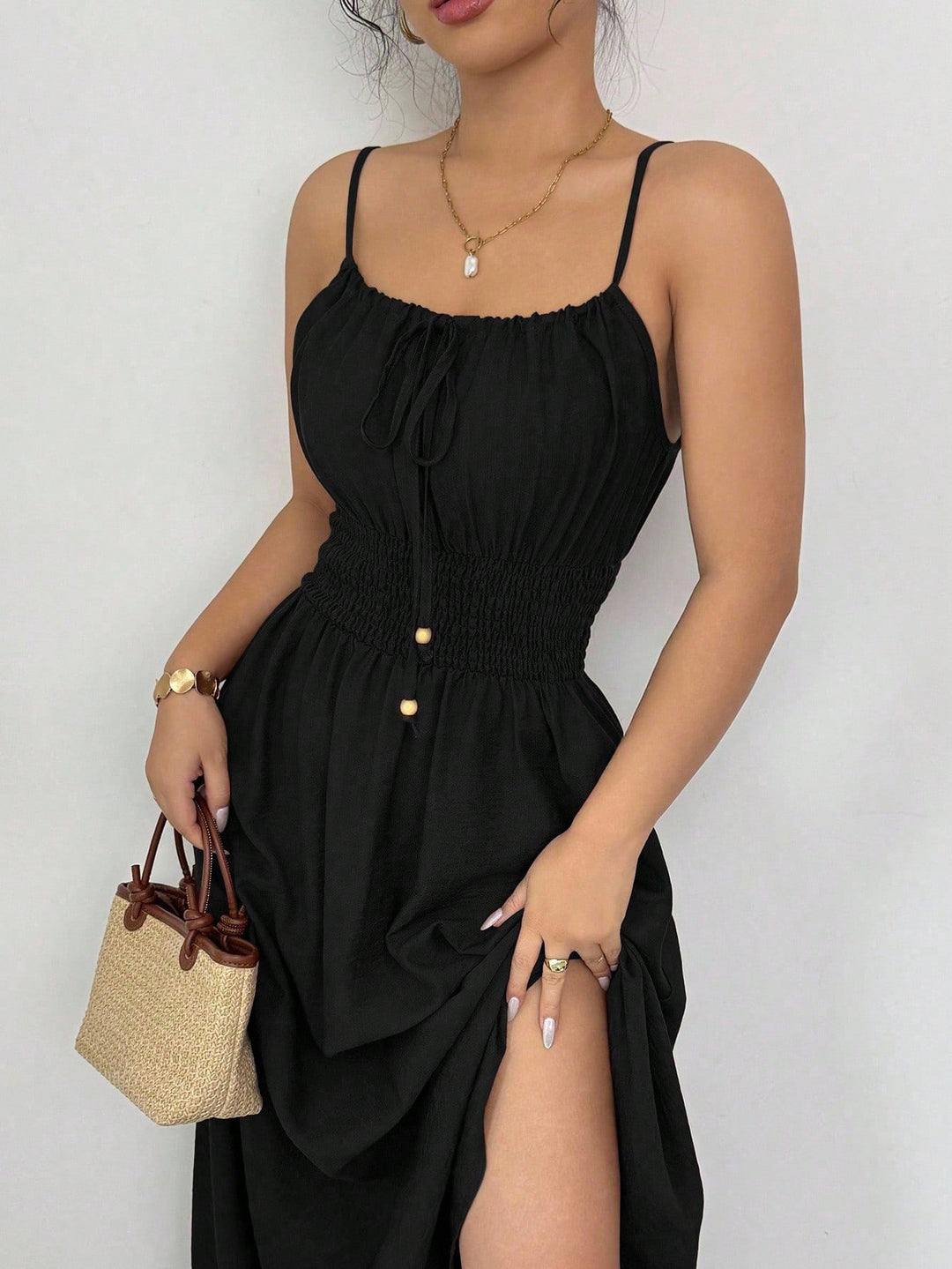 Damen Midikleid mit Smokbund, Spaghettiträgern und Bindekordel Drune
