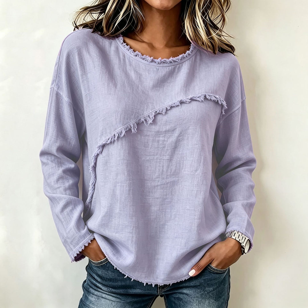 Damen Legeres Longsleeve mit diagonaler Fransenapplikation und ausgefranstem Rundhals Drune