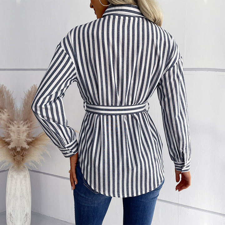 Damen Gestreifte Longbluse mit D‑Ring-Taillengürtel und Hemdkragen Drune