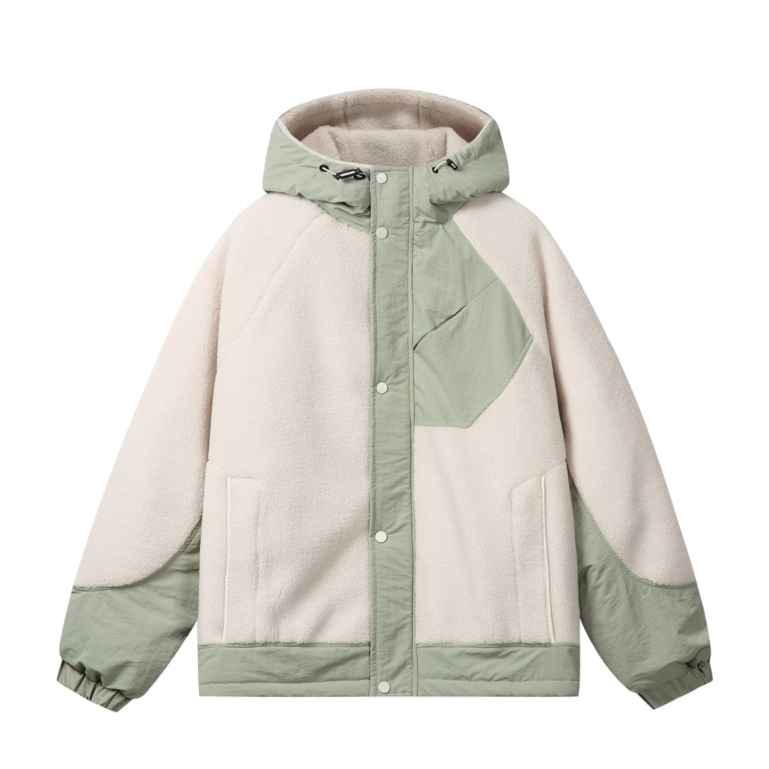 Unisex Boxy-Fleecejacke mit Kapuze und kontrastierenden Nylon-Einsätzen Drune