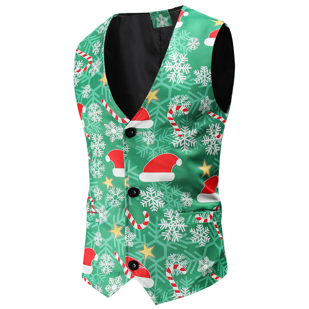 Herren Festliche Satinweste mit Weihnachtsmotiv, taillierter Schnitt und V‑Ausschnitt Drune