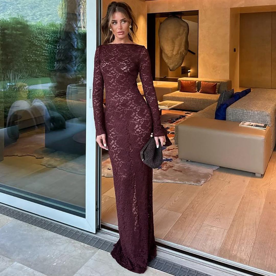 Damen Elegantes Spitzenmaxikleid mit langen Ärmeln Drune