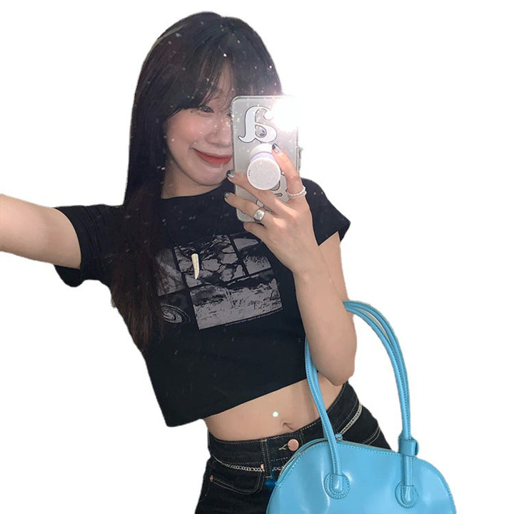 Damen Cropped T-Shirt mit kreativem Grafikdesign Drune