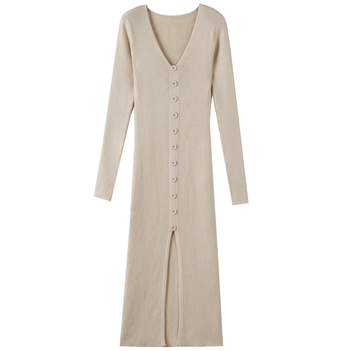 Damen Langärmliges Maxikleid mit Rippstruktur und Knopfdetail Drune