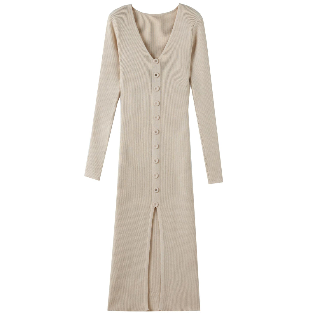 Damen Langarm-Strickkleid mit V-Ausschnitt und durchgehender Knopfleiste Drune