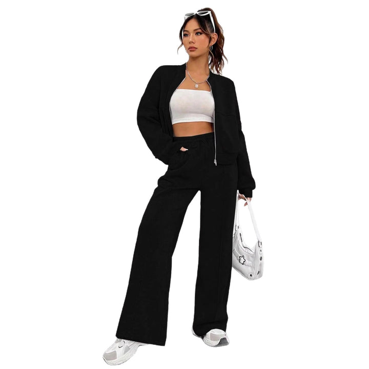 Damen Loungewear-Set mit kurzem Reißverschluss-Bomber und weiter High-Waist Jogginghose Drune
