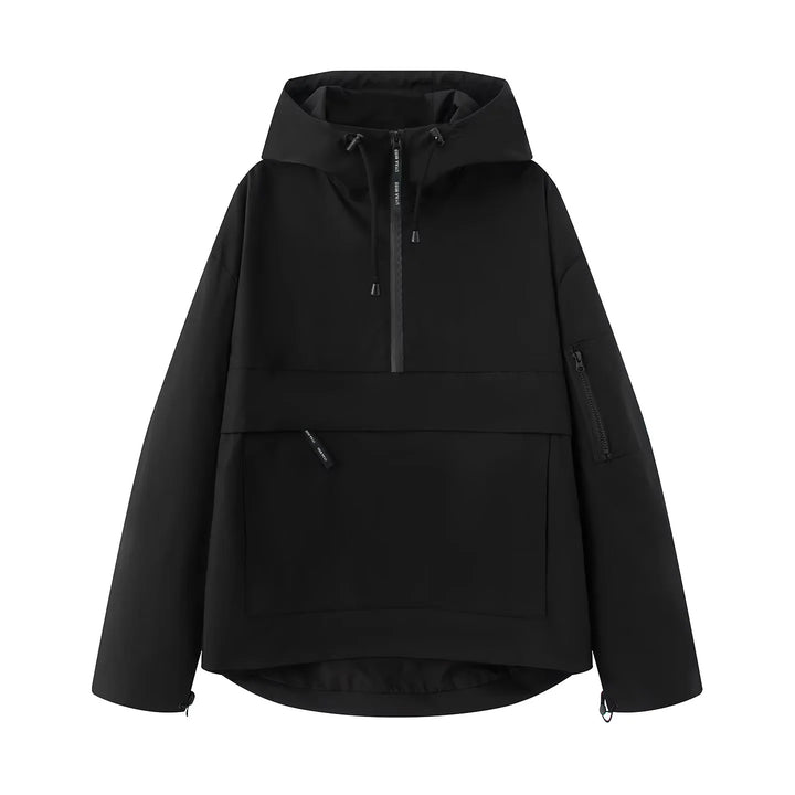 Damen nan winddichte Anorak-Pulloverjacke mit Kapuze, halbem Reißverschluss und großer Kängurutasche Drune