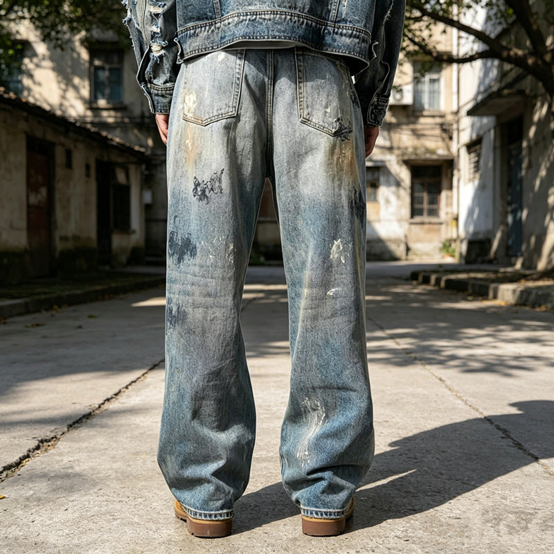Herren Weite Denim-Jeans im Used-Look Drune