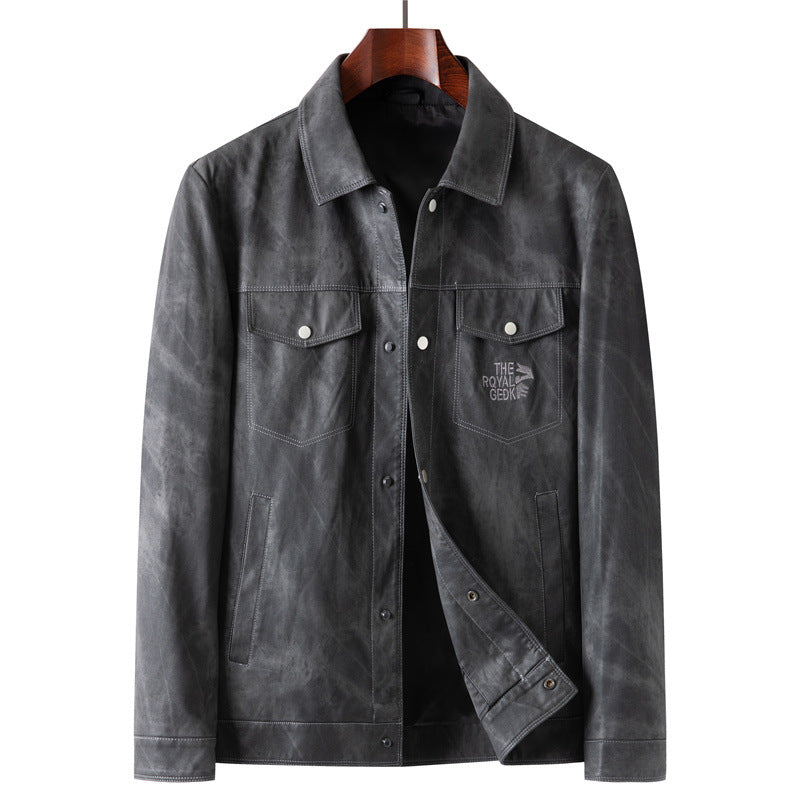 Herren Vintage-Lederoptik-Truckerjacke mit Used-Effekt und Brustpattentaschen Drune