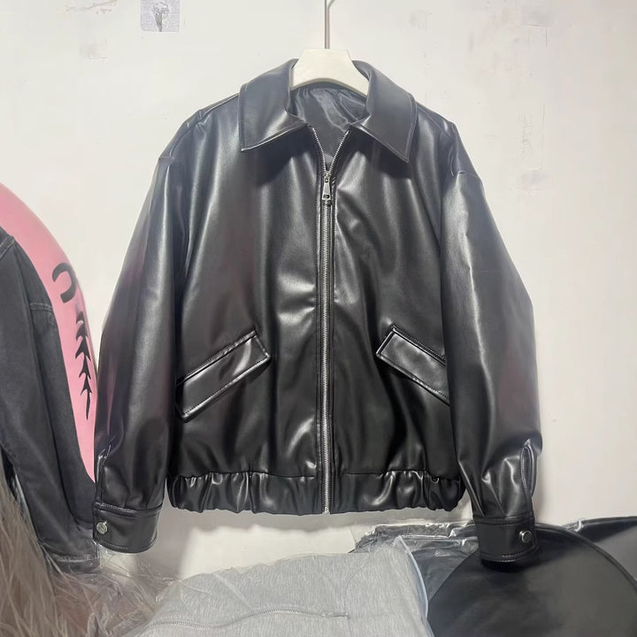 Damen nan Boxy Kunstleder Blousonjacke mit durchgehendem Reißverschluss, Pattentaschen und breitem Hemdkragen Drune